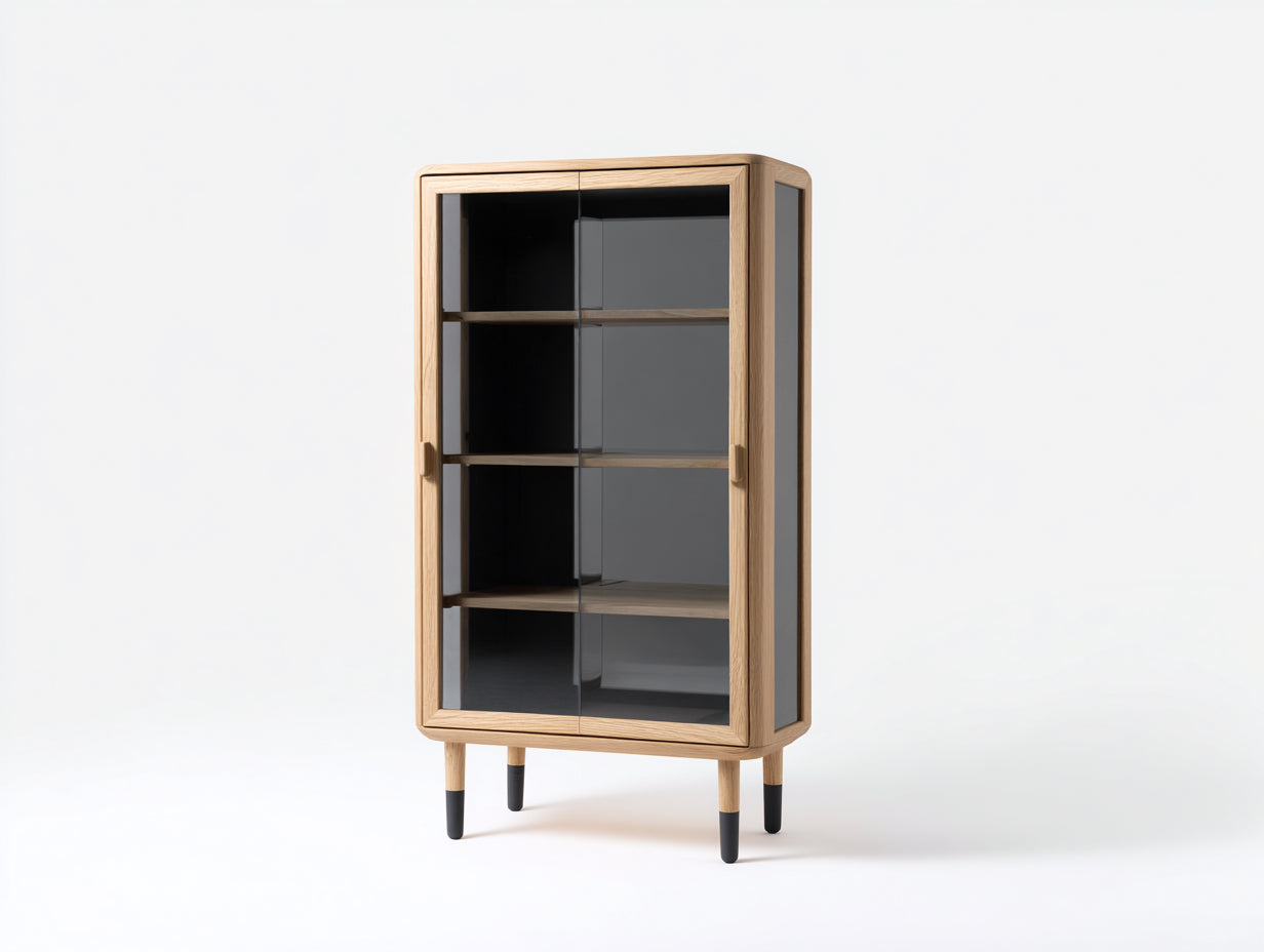 Vitrine - bois-verre-métal - 82x40x142 cm - bois clair-noir-transparent - contemporain