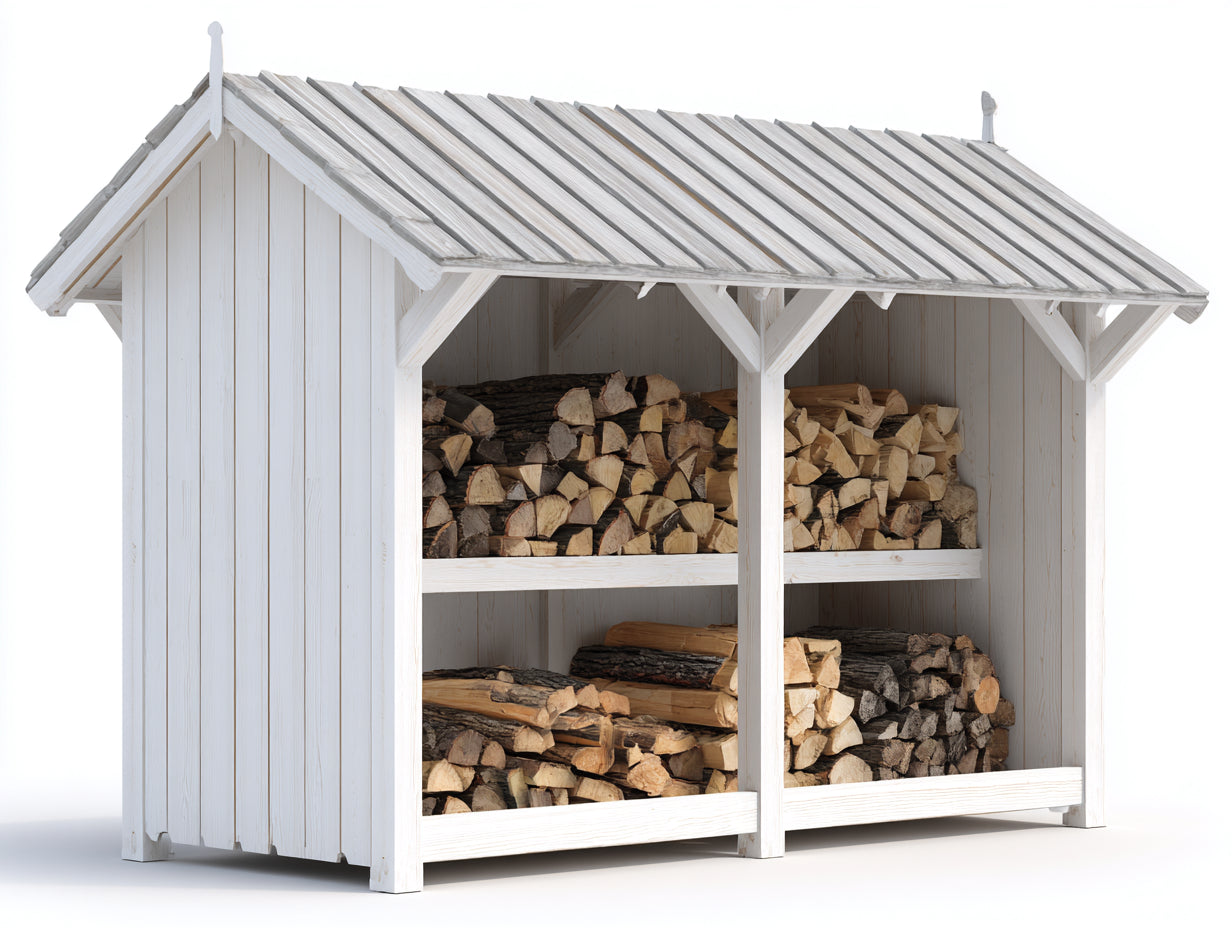 Abri à bûches - bois - 300x95x185 cm - blanc-gris - style rustique fonctionnel