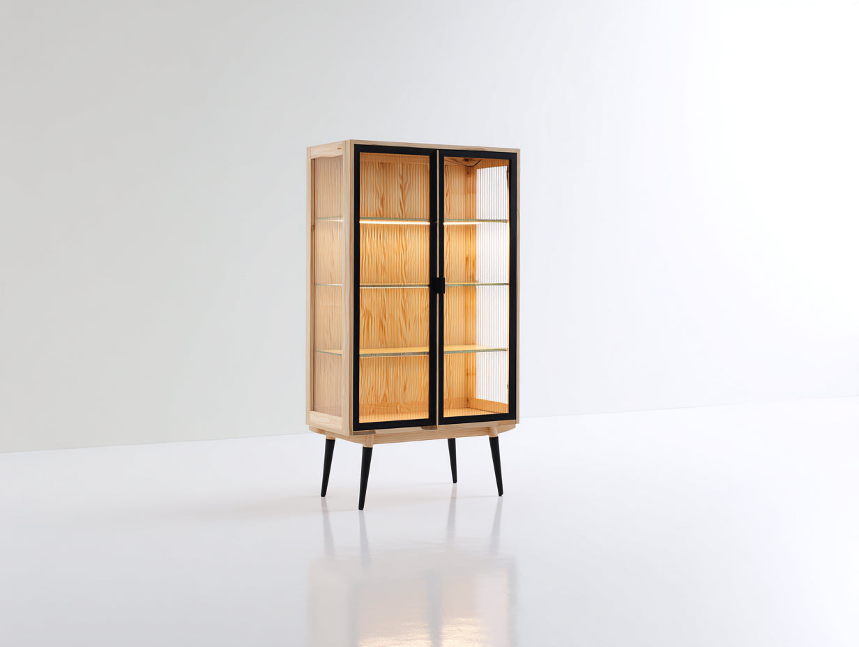 Vitrine - bois-verre-métal - 78x38x148 cm - bois clair-noir-transparent - contemporain