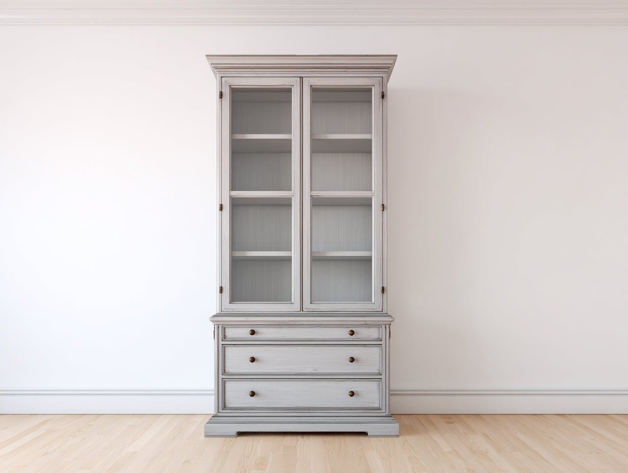 Vitrine - bois-verre-métal - 86x42x180 cm - gris clair-transparent-laiton - classique