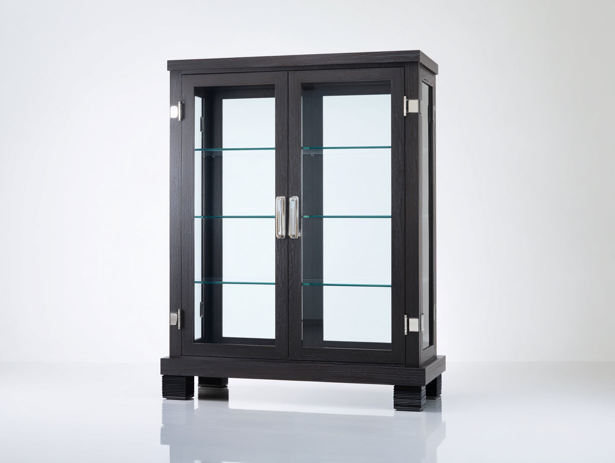 Vitrine - bois-verre-métal - 82x40x138 cm - noir-transparent-argenté - contemporain