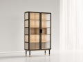 Vitrine - bois-verre-métal - 90x38x158 cm - bois clair-noir-doré-transparent - contemporain avec éclairage