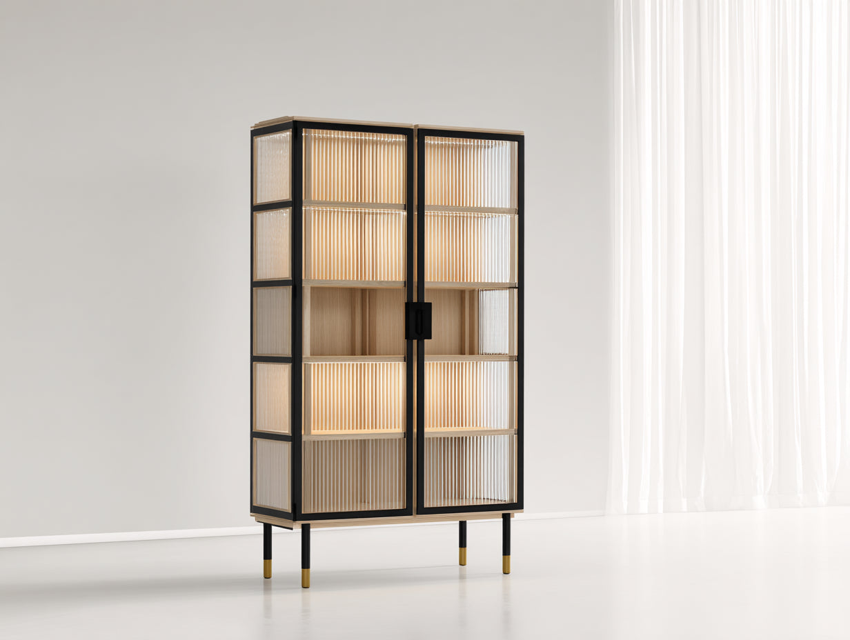 Vitrine - bois-verre-métal - 90x38x158 cm - bois clair-noir-doré-transparent - contemporain avec éclairage