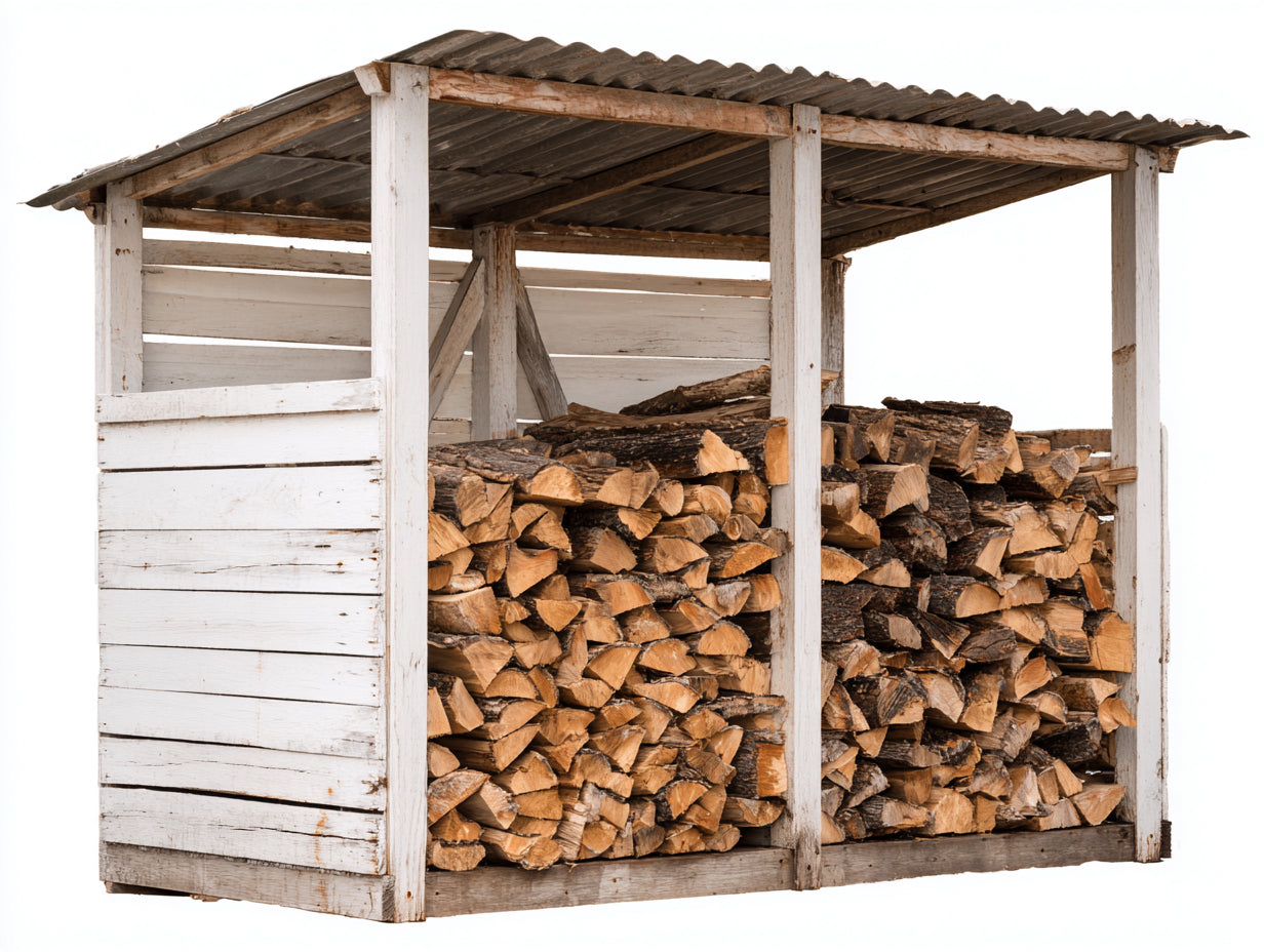 Abri à bûches - bois-métal - 300x115x170 cm - blanc-gris-brun - style rustique ouvert