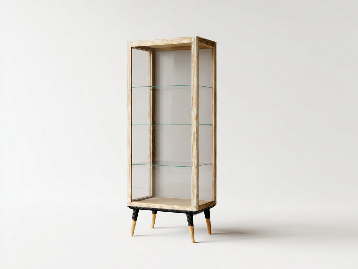 Vitrine - bois-verre-métal - 64x34x150 cm - bois clair-noir-doré-transparent - contemporain