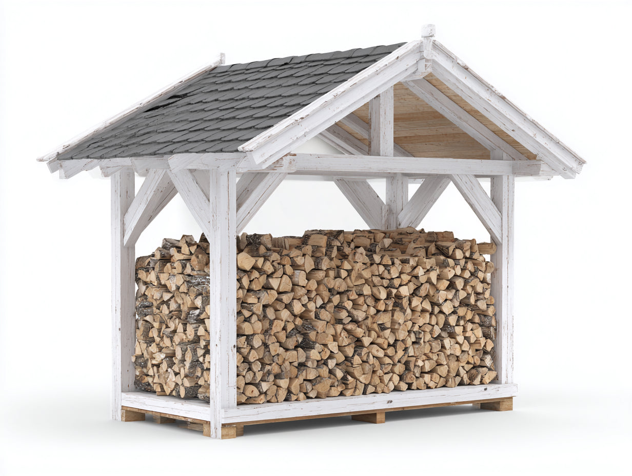 Abri à bûches - bois - 340x120x220 cm - blanc-gris - style chalet ouvert