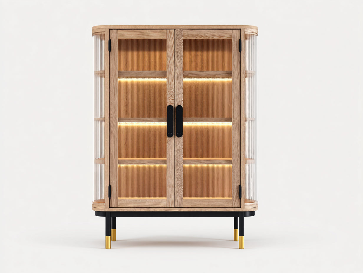 Vitrine - bois-verre-métal - 88x39x152 cm - bois clair-noir-doré-transparent - contemporain avec éclairage