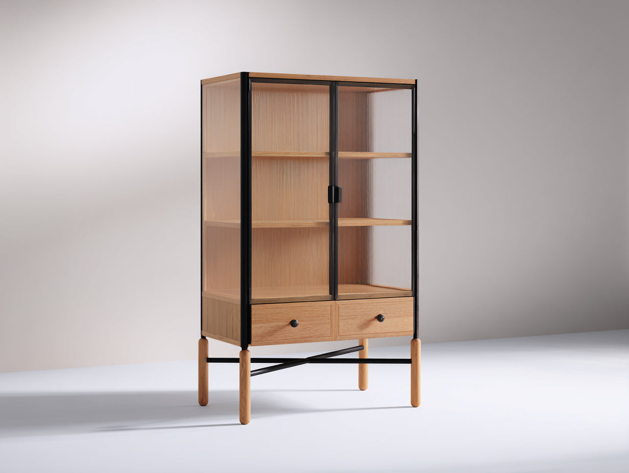 Vitrine - bois-verre-métal - 76x36x140 cm - bois clair-noir-transparent - contemporain