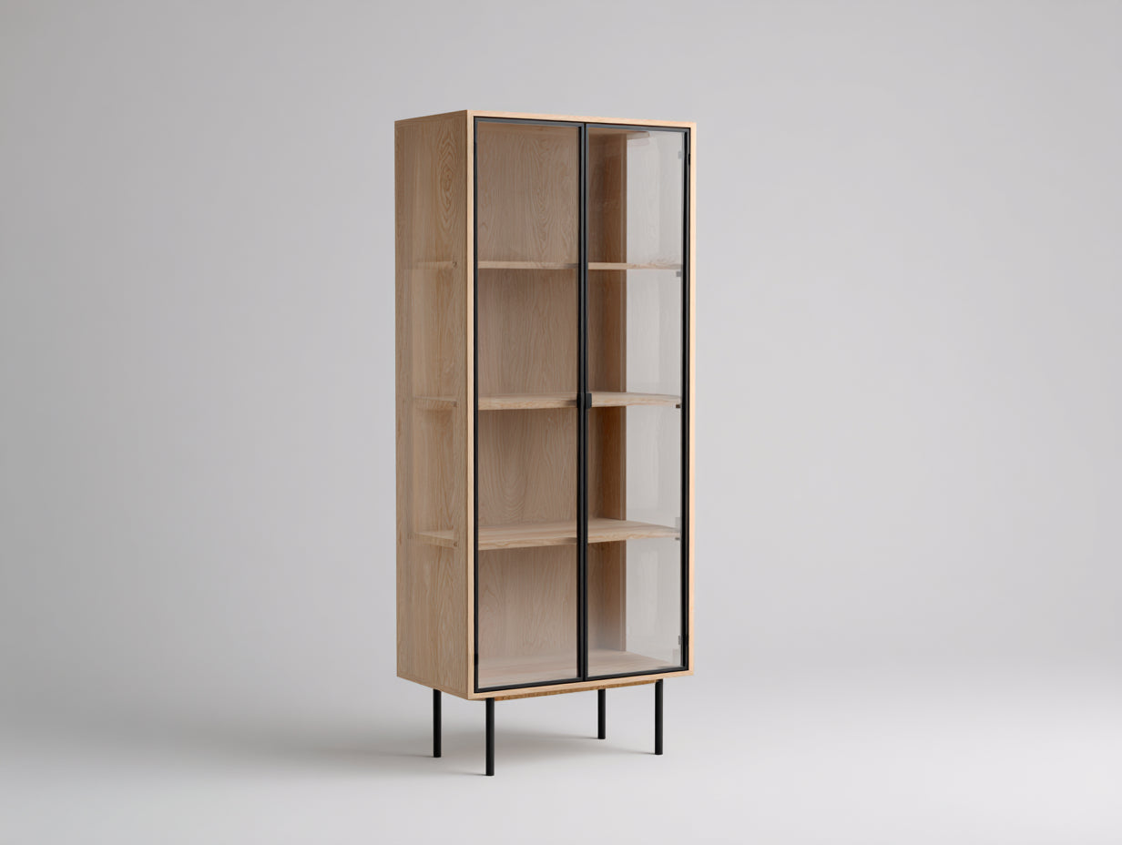 Vitrine - bois-verre-métal - 74x37x162 cm - bois clair-noir-transparent - contemporain