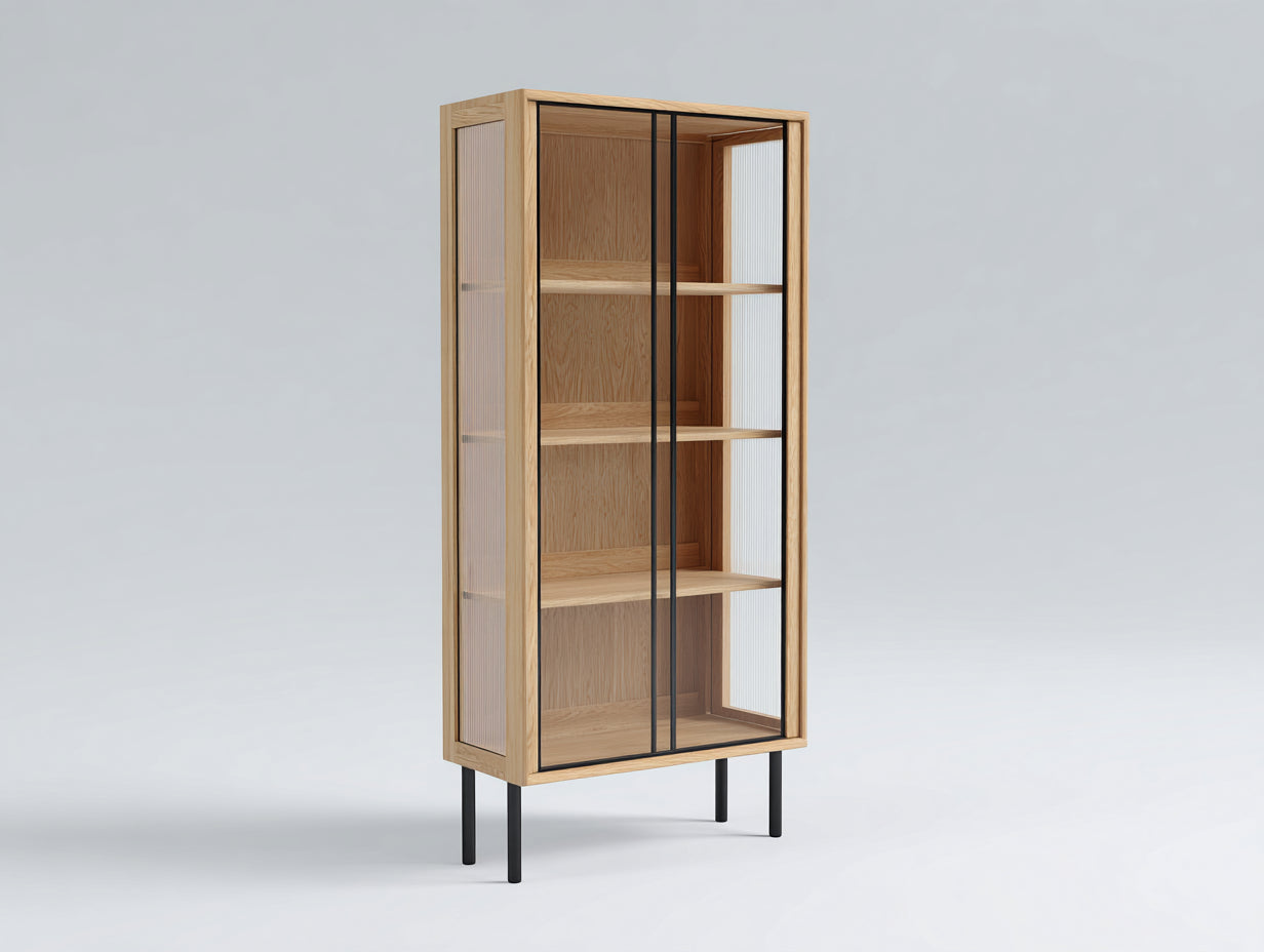 Vitrine - bois-verre-métal - 78x38x165 cm - bois clair-noir-transparent - contemporain